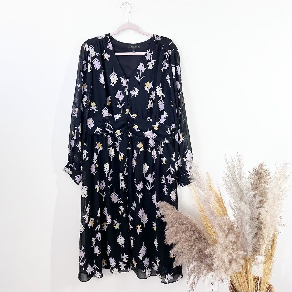 Lane bryant black floral midi dress w/ sheer‎ balloon sleeves button front